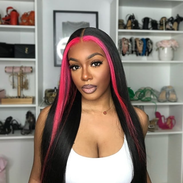 Mid-Back Sleek Black With Vibrant Pink Stripes Mid-Back Sleek Black With Vibrant Pink Stripes — Classy Skunk Stripe Hair