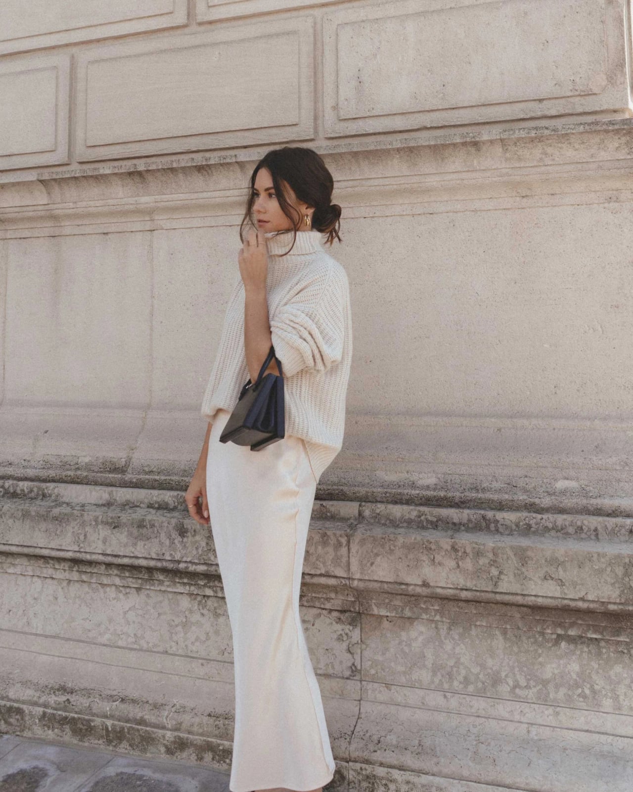 Ivory Silk Slip Skirt With Cream Turtleneck — Classy Slip Skirt Outfits