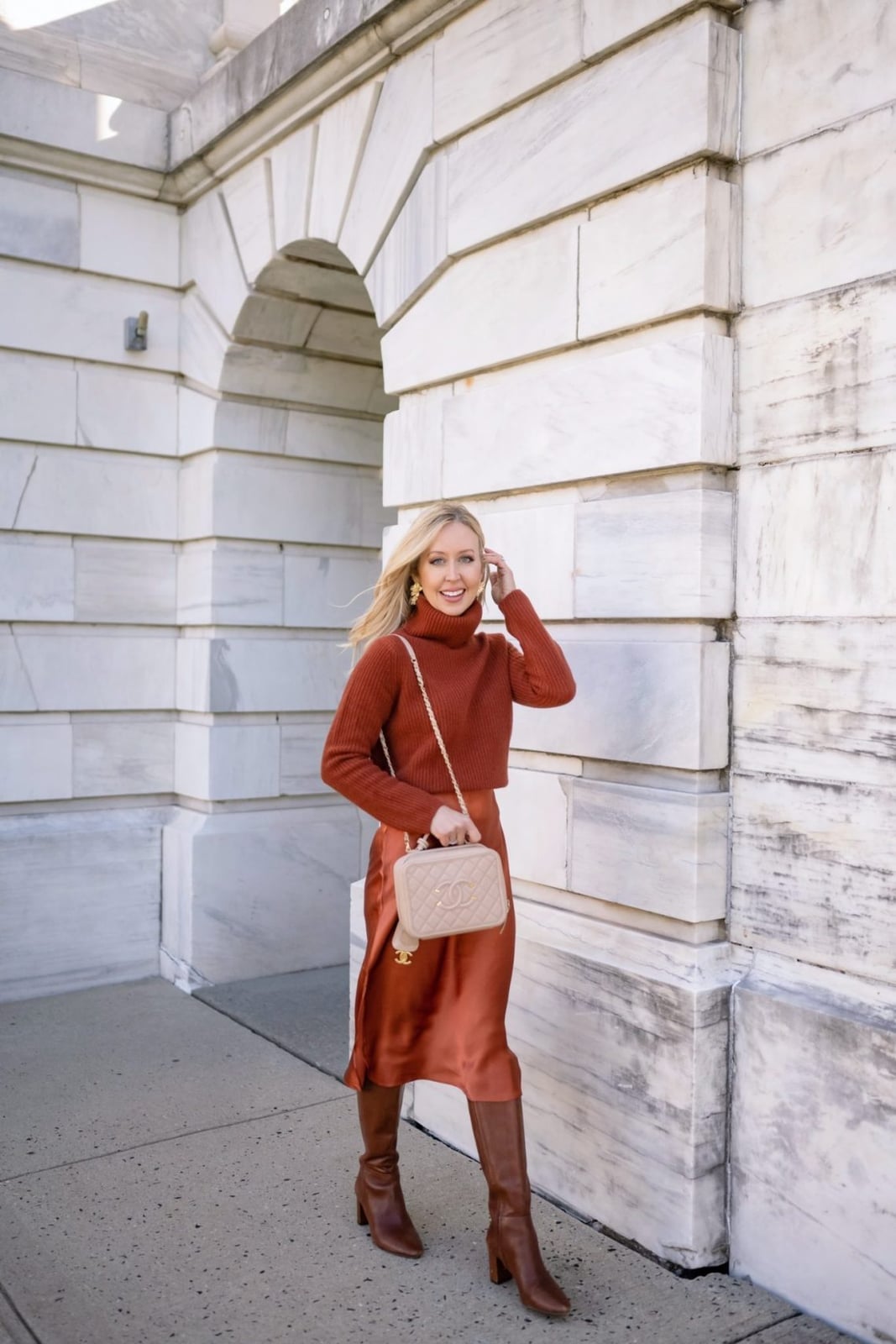 Rust Orange Satin Skirt With Matching Turtleneck — Classy Slip Skirt Outfits