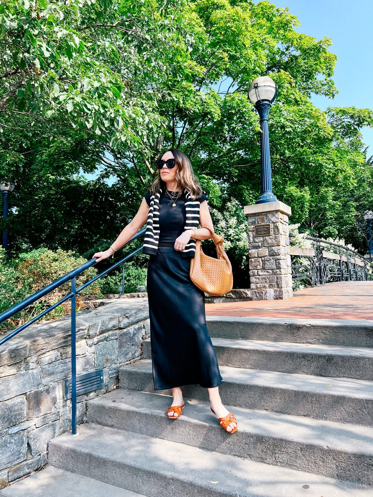Black Maxi Skirt With Striped Vest — Classy Slip Skirt Outfits