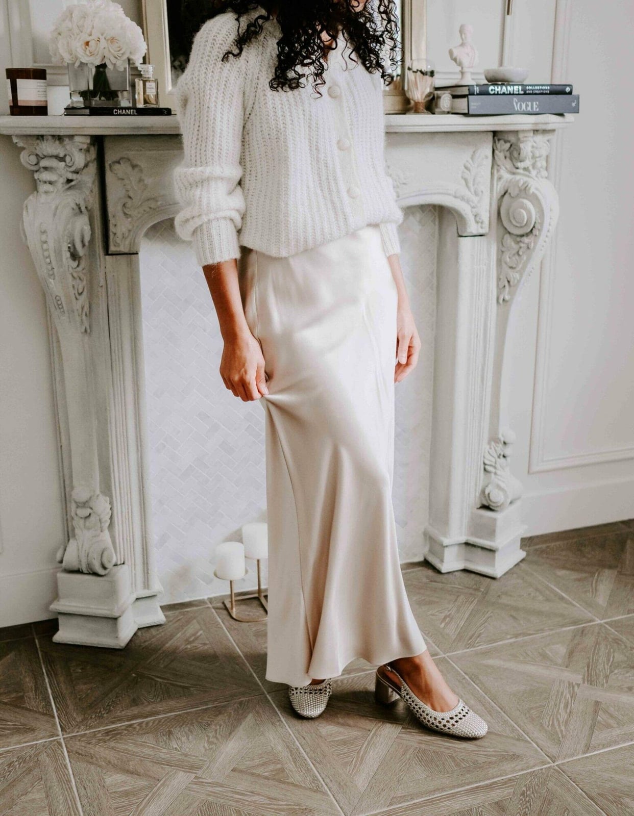 Cream Satin Slip Skirt With Chunky Knit Cardigan — Classy Slip Skirt Outfits