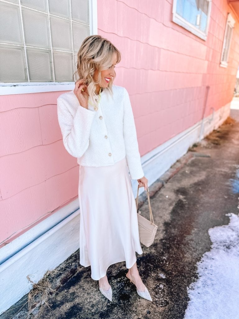 Pale Pink Satin Skirt With Boucle Jacket — Classy Slip Skirt Outfits