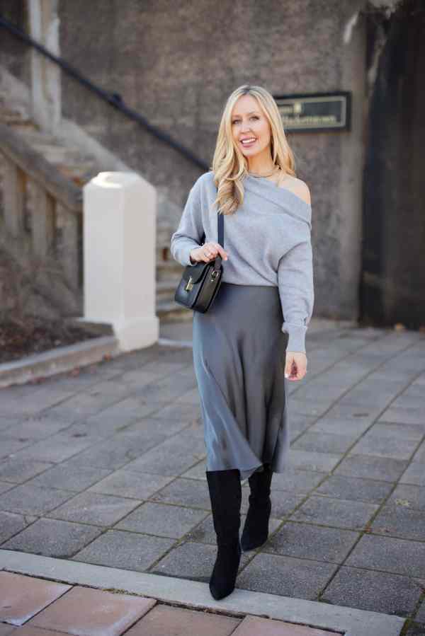 Gray Slip Skirt With Off-The-Shoulder Sweater — Classy Slip Skirt Outfits