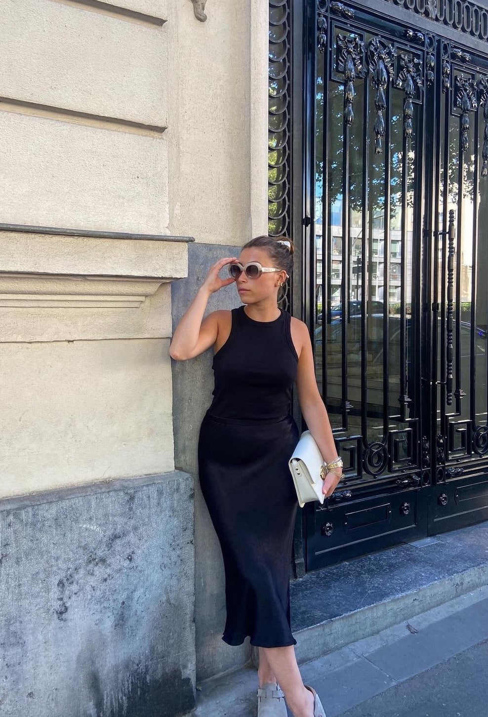 Black Satin Skirt With Sleeveless Top — Classy Slip Skirt Outfits