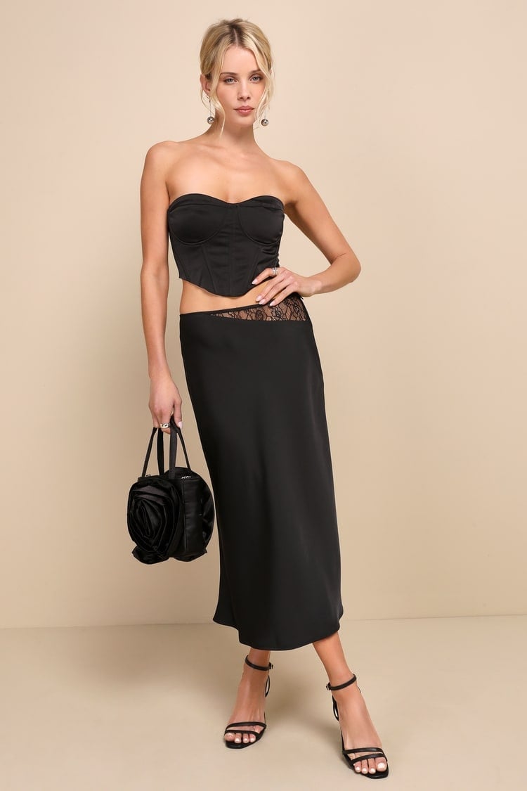 Black Satin Slip Skirt With Corset Top, Close-Up, Office-Safe Version — Classy Slip Skirt Outfits