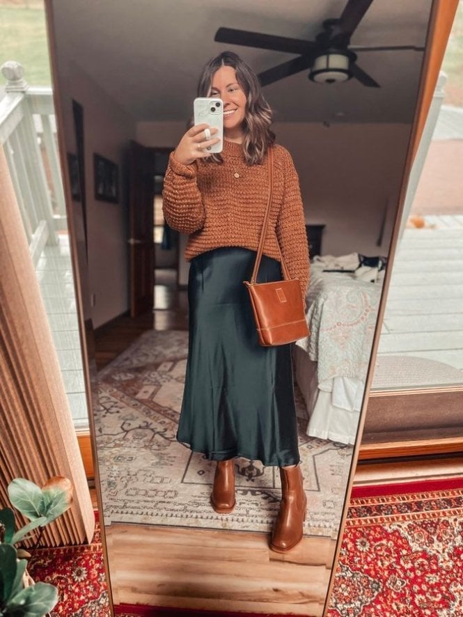 Dark Green Satin Skirt With Chunky Knit Sweater and Brown Ankle Boots — Classy Slip Skirt Outfits