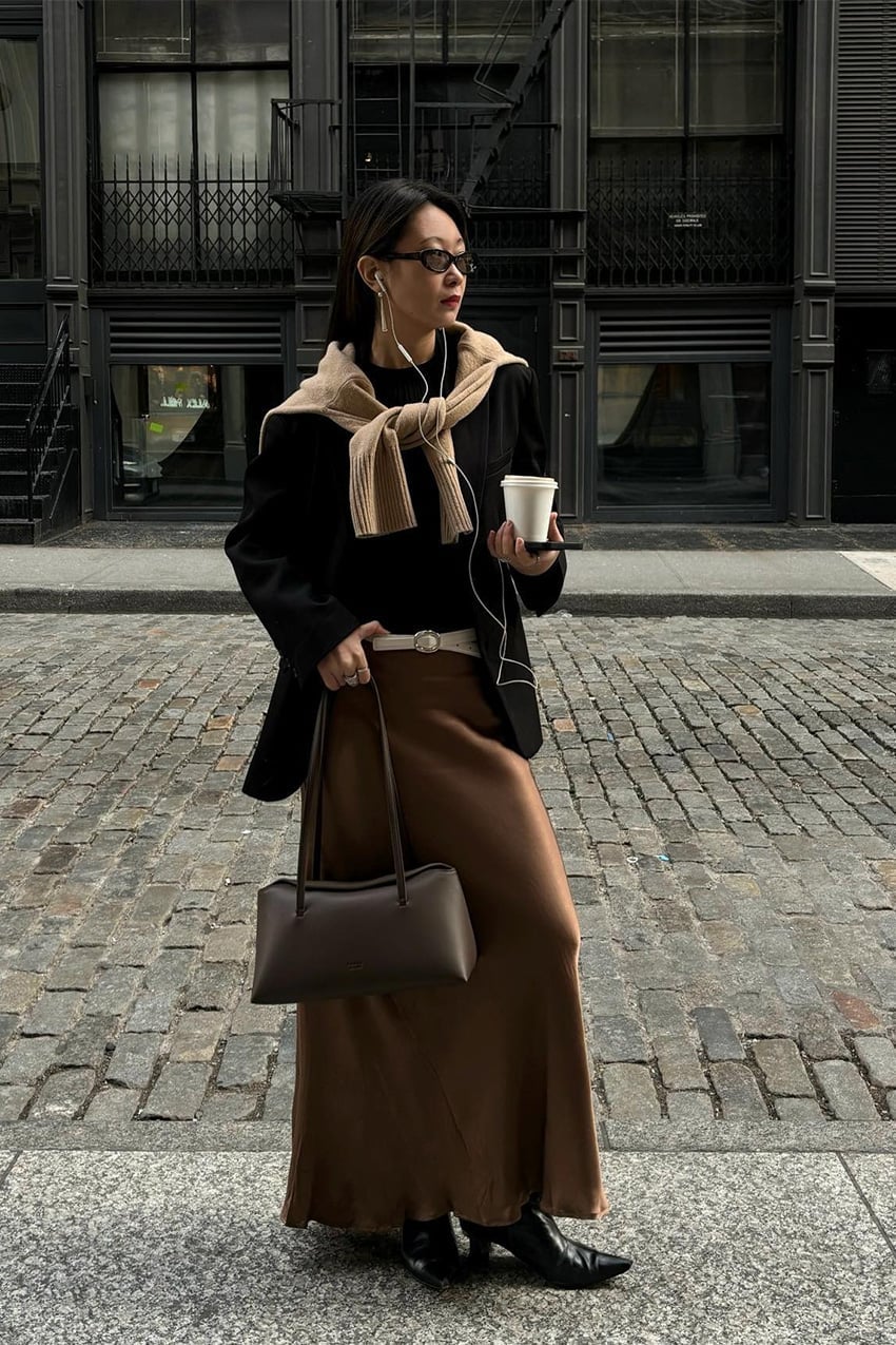 Brown Satin Skirt With Black Blazer — Classy Slip Skirt Outfits