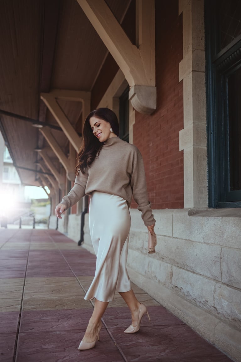 Beige Satin Slip Skirt With Matching Turtleneck — Classy Slip Skirt Outfits