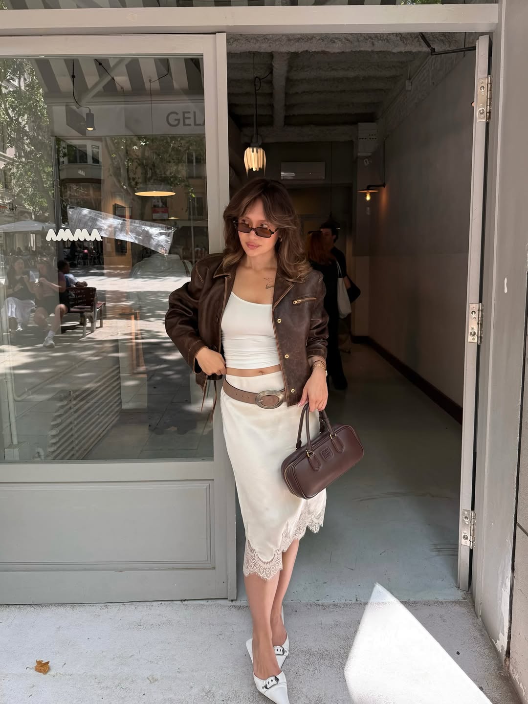White Slip Skirt With Lace Trim and Leather Jacket — Classy Slip Skirt Outfits