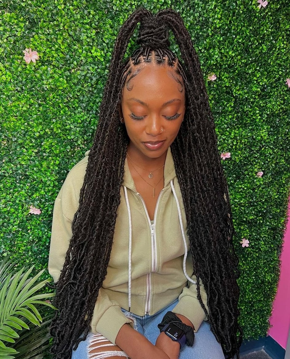 Mid-Back Extreme Length Faux Locs High Ponytail — Classy Soft Locs Hairstyles
