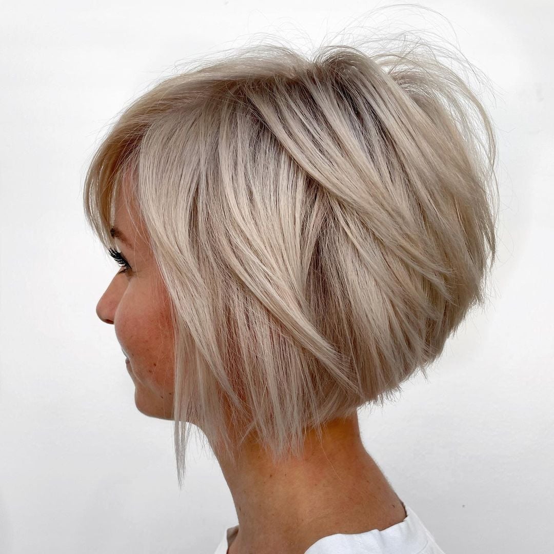 Platinum Blonde Stacked Bob Bangs Platinum Blonde Stacked Bob Bangs — Classy Stacked Bob