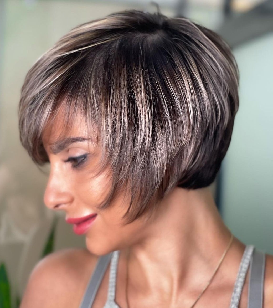 Dark Brown Stacked Bob Ear Length, Straight Dark Brown Stacked Bob Ear Length, Straight — Classy Stacked Bob