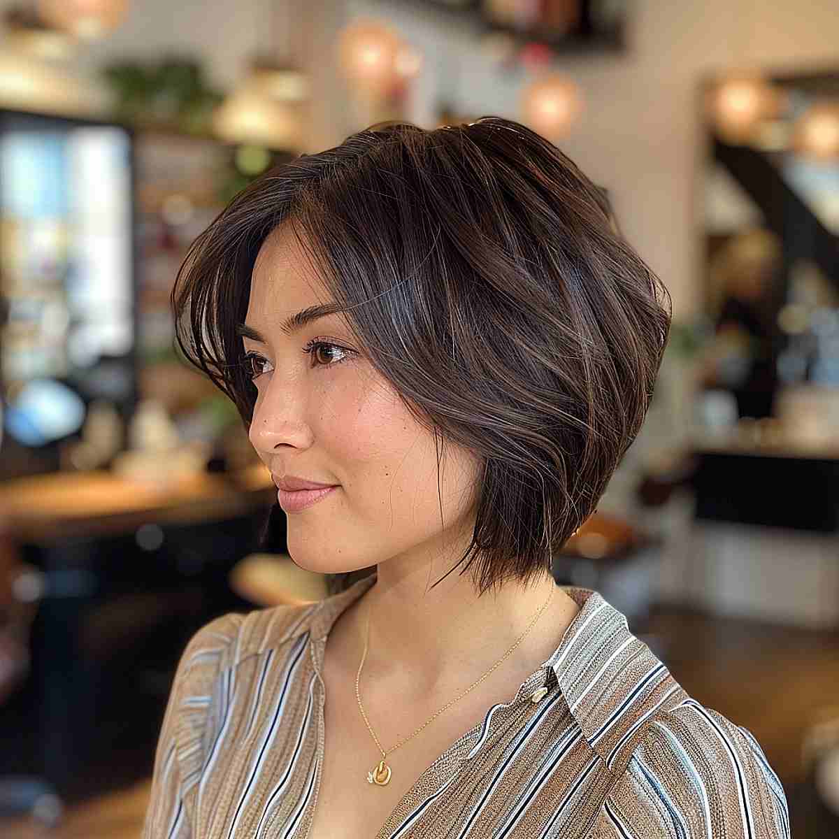 Dark Brown Stacked Bob Curtain Bangs Dark Brown Stacked Bob Curtain Bangs — Classy Stacked Bob