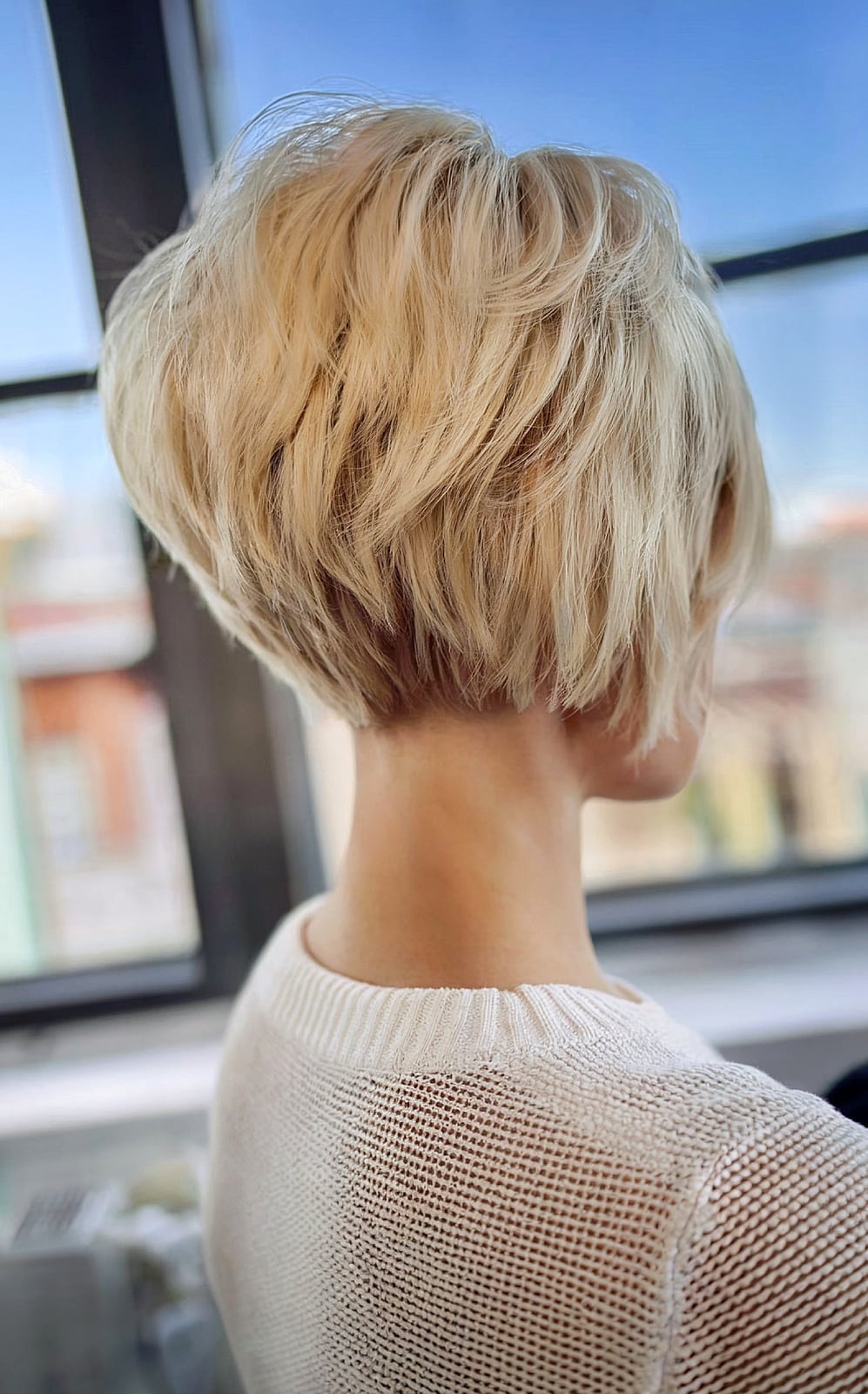 Ash Blonde Stacked Bob Ear Length Volume, Wavy, Close-Up Take Ash Blonde Stacked Bob Ear Length Volume, Wavy, Close-Up Take — Classy Stacked Bob