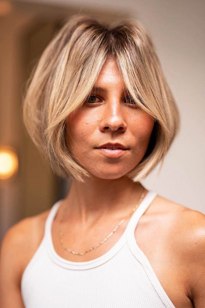 Ash Blonde Stacked Bob Curtain Bangs Face Framing Ash Blonde Stacked Bob Curtain Bangs Face Framing — Classy Stacked Bob