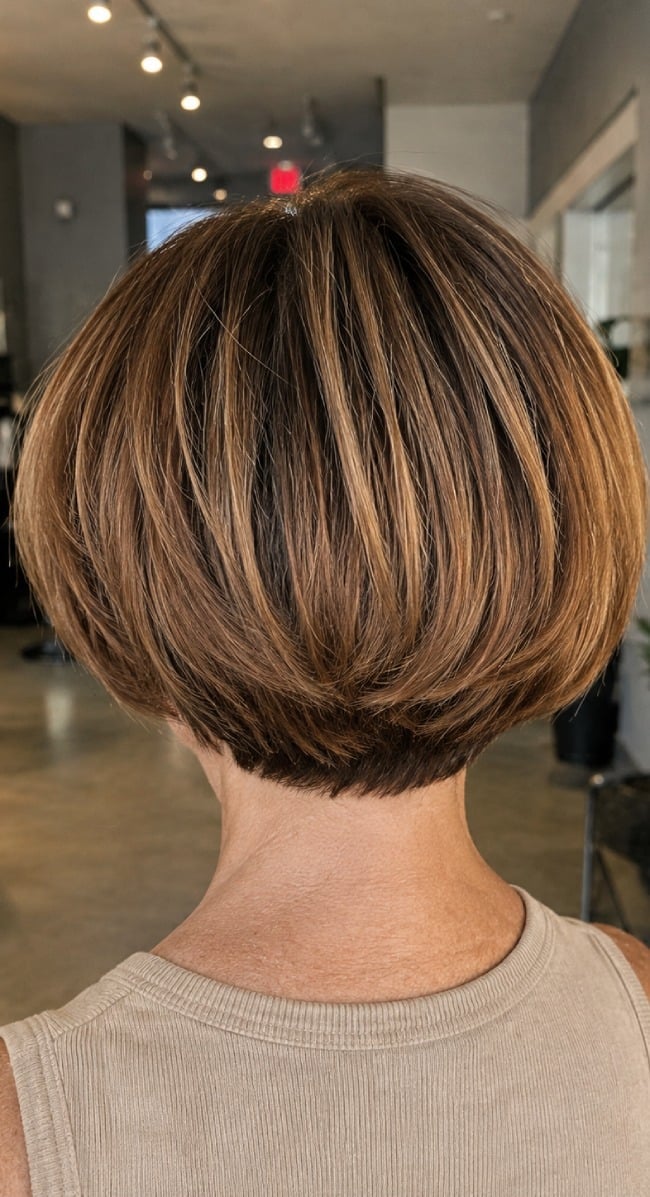 Ear Length Brown Stacked Bob Highlights Ear Length Brown Stacked Bob Highlights — Classy Stacked Bob