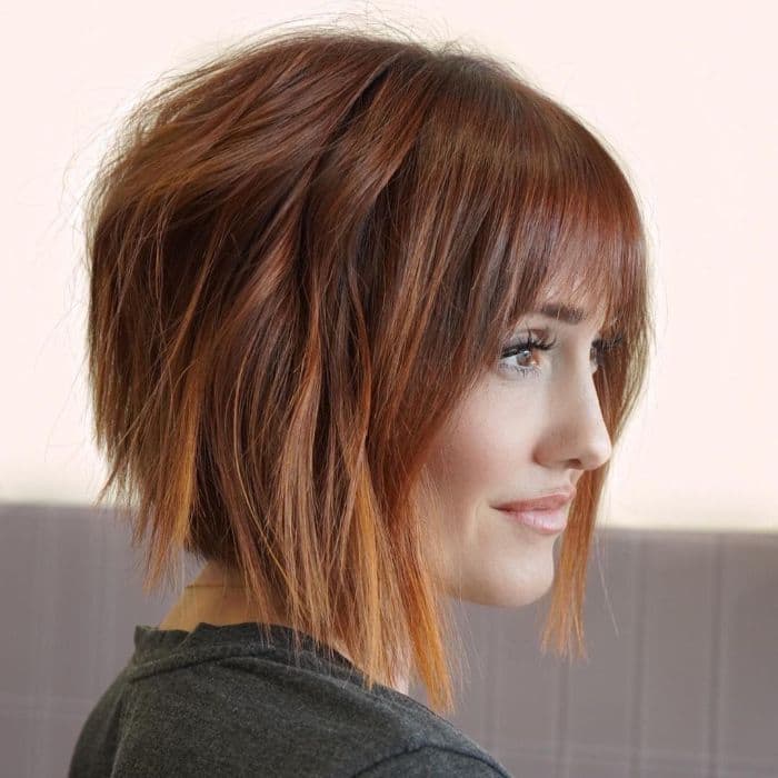 Shaggy Bob Copper Choppy Bangs Shaggy Bob Copper Choppy Bangs — Classy Stacked Bob