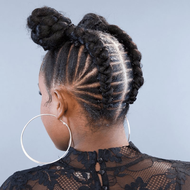 Two Braided Buns With Geometric Stitch — Classy Stitch Braids Hairstyles