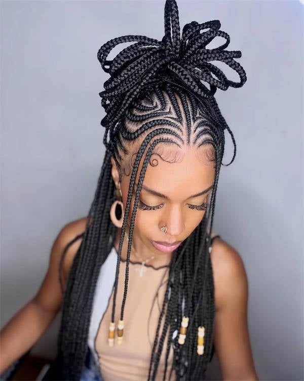Geometric Stitch Braids Top Knot — Classy Stitch Braids Hairstyles