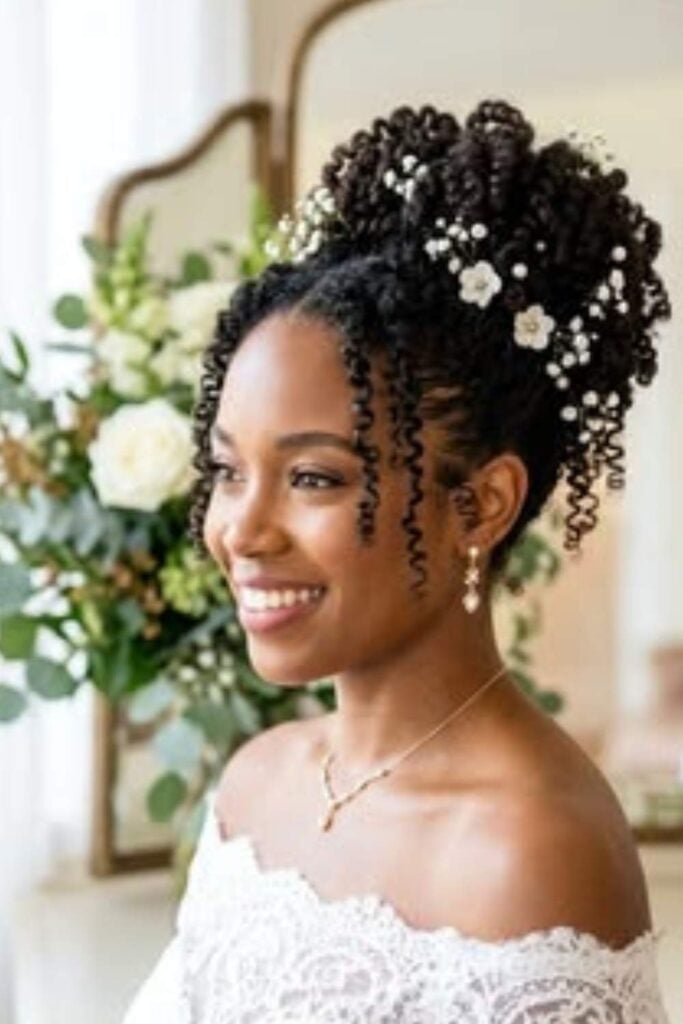Voluminous Crown Updo With Floral Accents Voluminous Crown Updo With Floral Accents — Classy Strapless Dresses Hairstyles