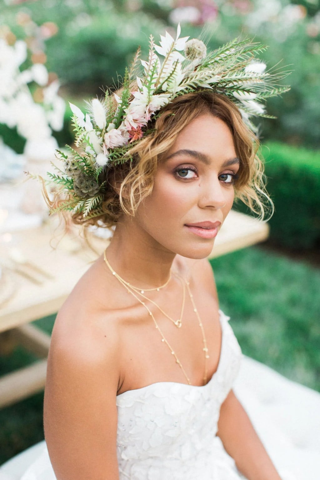 Collarbone Waves With Curtain Bangs And Floral Crown Collarbone Waves With Curtain Bangs And Floral Crown — Classy Strapless Dresses Hairstyles