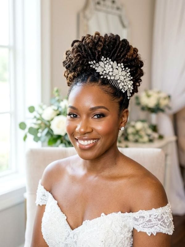 Intricate Shoulder-Length Loc Updo Intricate Shoulder-Length Loc Updo — Classy Strapless Dresses Hairstyles