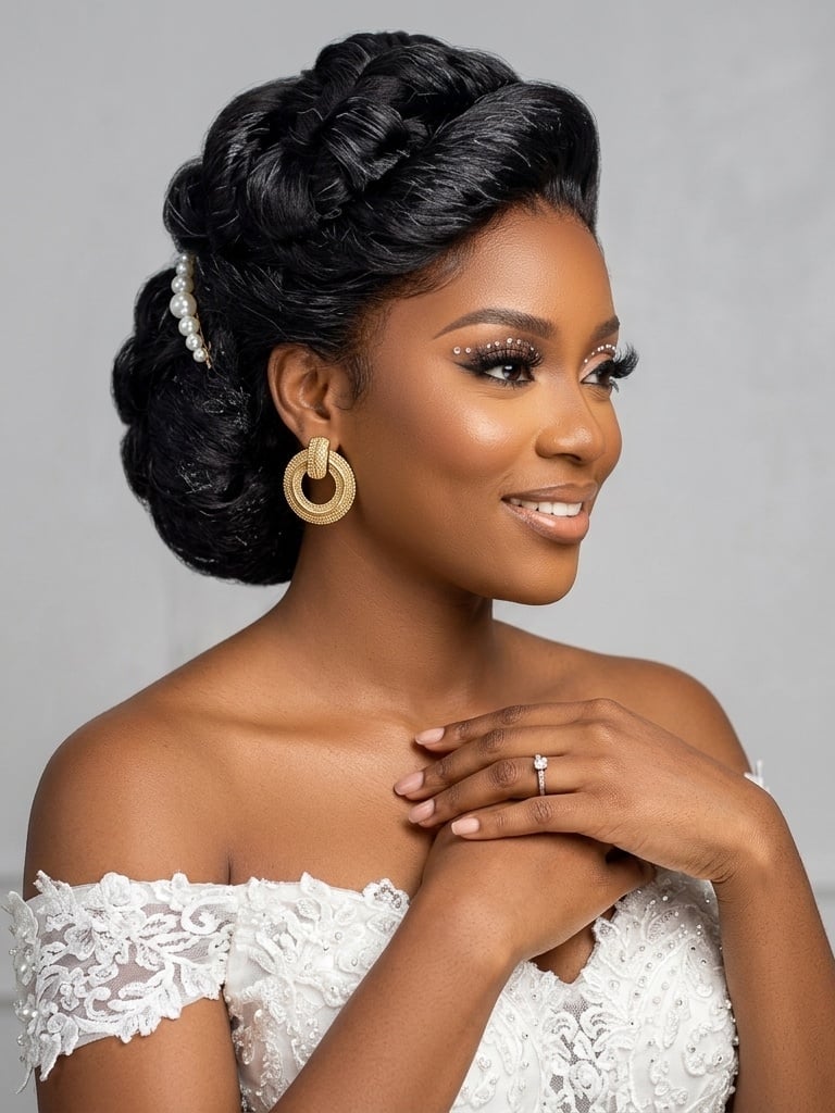 Braided Updo With Pearl Accessory Braided Updo With Pearl Accessory — Classy Strapless Dresses Hairstyles
