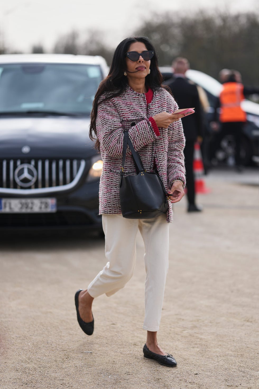 Tweed Jacket with Red Top and Cream Trousers Tweed Jacket with Red Top and Cream Trousers — Classy Street Style Outfits