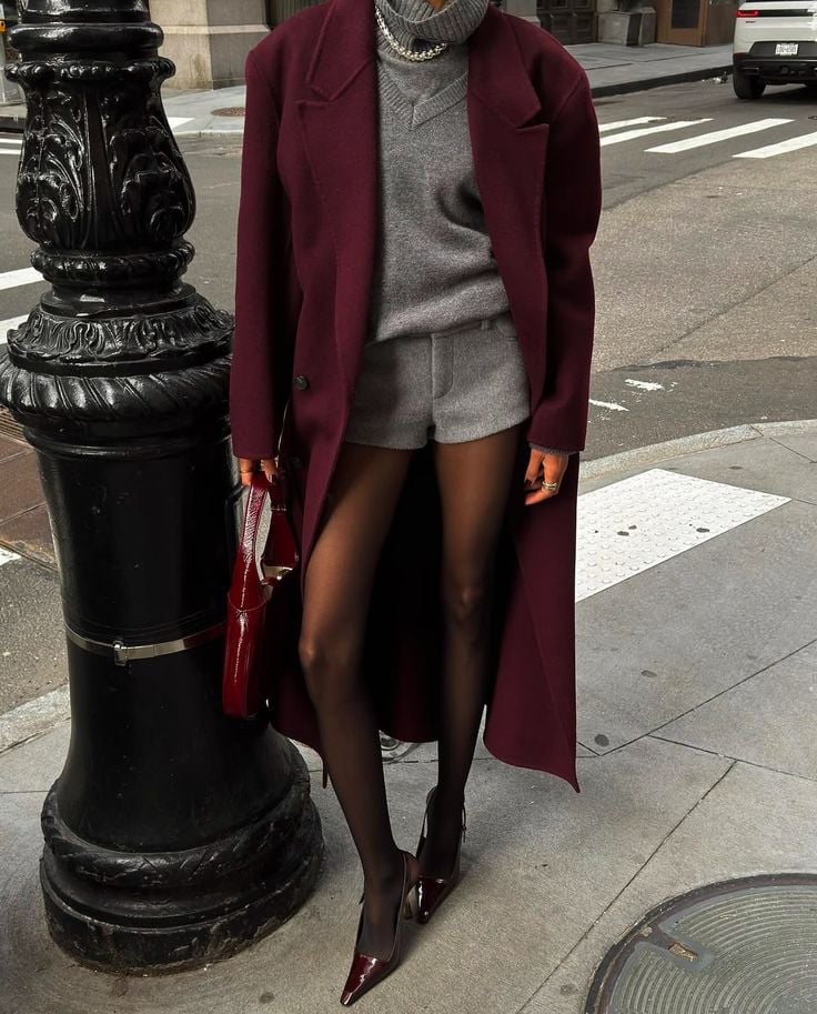 Burgundy Long Coat with Gray Sweater and Shorts Burgundy Long Coat with Gray Sweater and Shorts — Classy Street Style Outfits