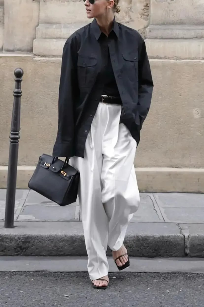 Minimalist Black Shirt and White Satin Trousers Minimalist Black Shirt and White Satin Trousers — Classy Street Style Outfits