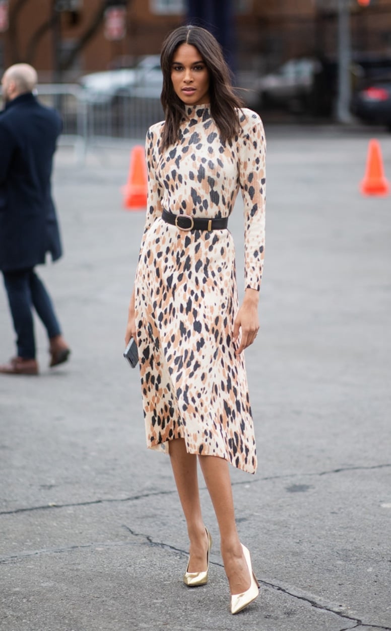 Animal Print Midi Dress with Gold Heels Animal Print Midi Dress with Gold Heels — Classy Street Style Outfits
