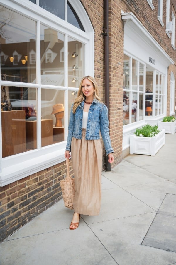 Denim Jacket with Maxi Skirt and Straw Tote Denim Jacket with Maxi Skirt and Straw Tote — Classy Street Style Outfits