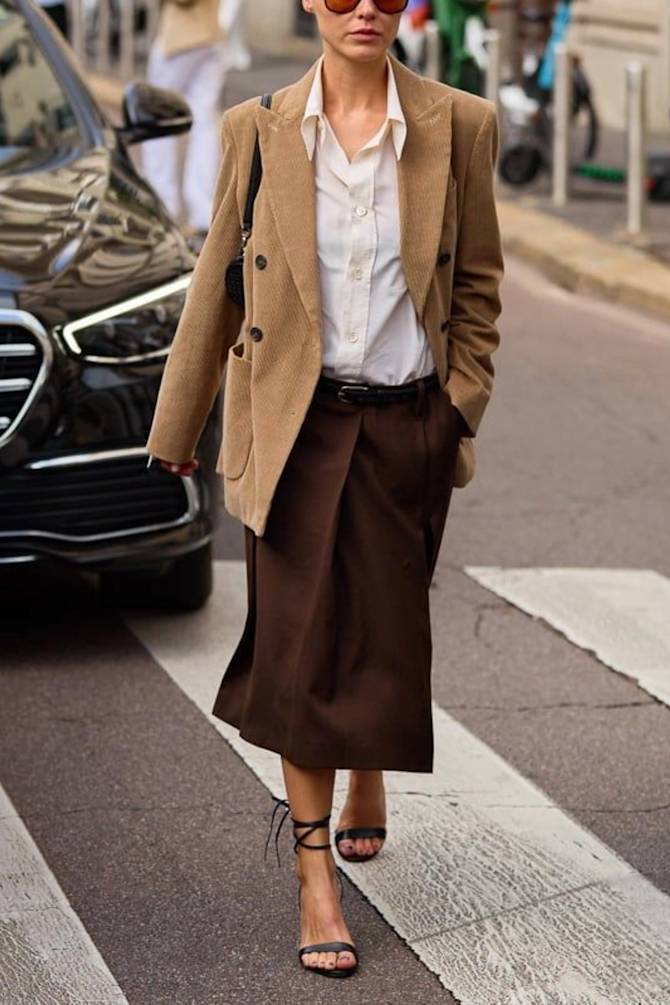 Corduroy Blazer with White Shirt and Midi Skirt Corduroy Blazer with White Shirt and Midi Skirt — Classy Street Style Outfits