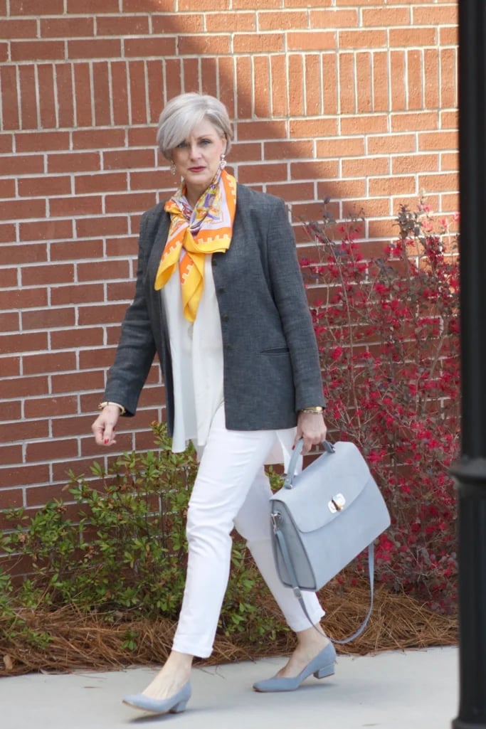 Gray Blazer with White Trousers and Silk Scarf Gray Blazer with White Trousers and Silk Scarf — Classy Street Style Outfits