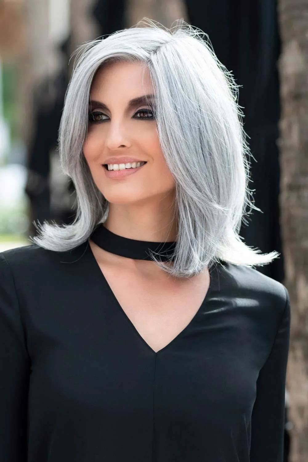 Silver Gray Lob With Soft Waves And Side-Swept Bangs — Classy Styling Wig