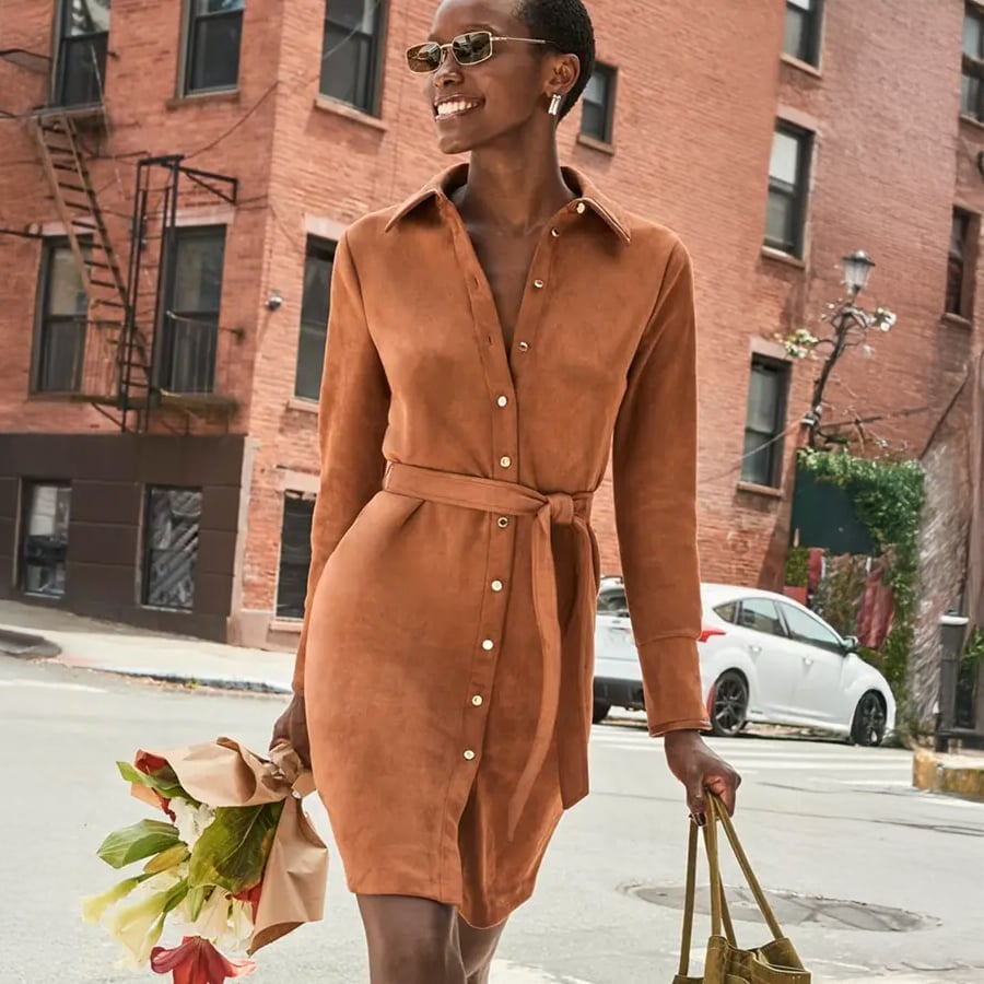 Brown Suede Shirt Dress With Gold Buttons Brown Suede Shirt Dress With Gold Buttons — Classy Suede Dress
