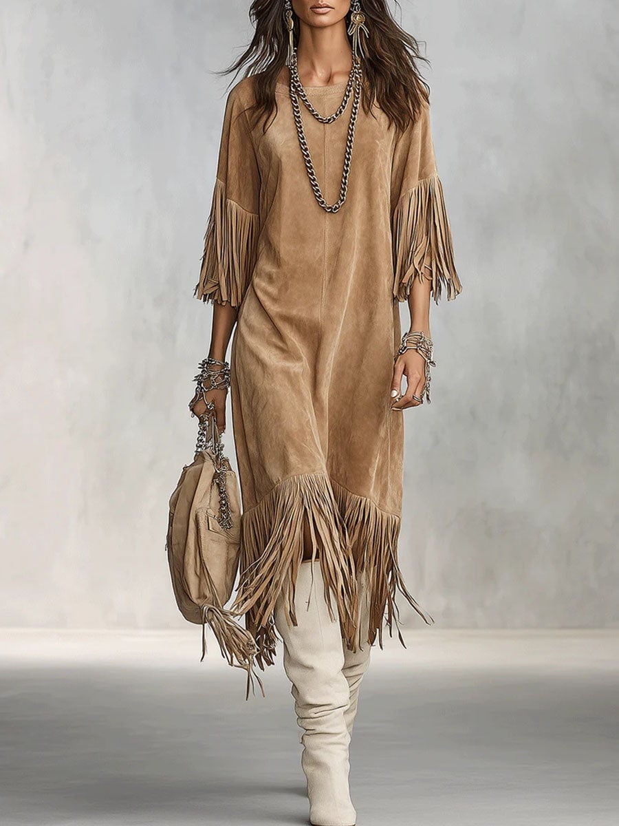 Tan Suede Shift Dress With Fringe Hem Tan Suede Shift Dress With Fringe Hem — Classy Suede Dress