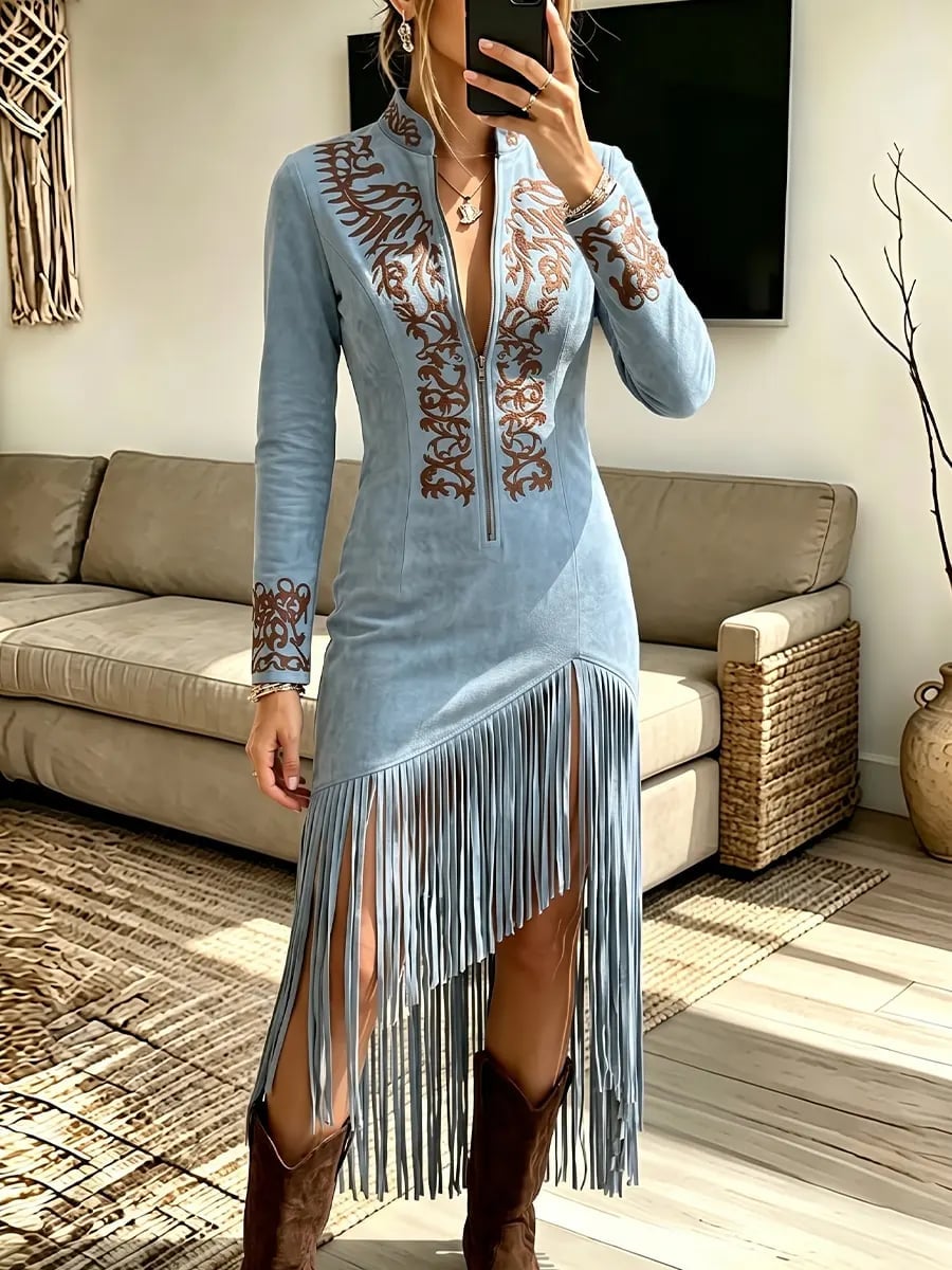 Light Blue Suede Dress With Fringe And Embroidery Light Blue Suede Dress With Fringe And Embroidery — Classy Suede Dress