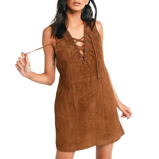 Brown Suede Mini Dress With Lace-Up Neckline Brown Suede Mini Dress With Lace-Up Neckline — Classy Suede Dress