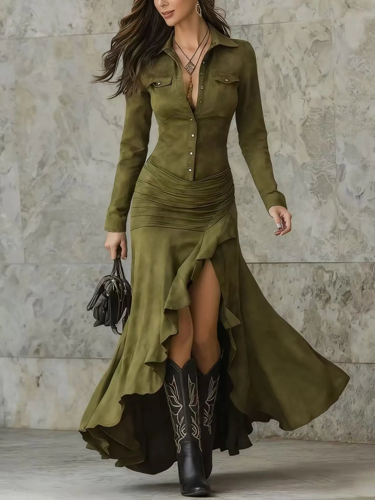 Olive Green Suede Maxi Dress With High-Low Hem Olive Green Suede Maxi Dress With High-Low Hem — Classy Suede Dress