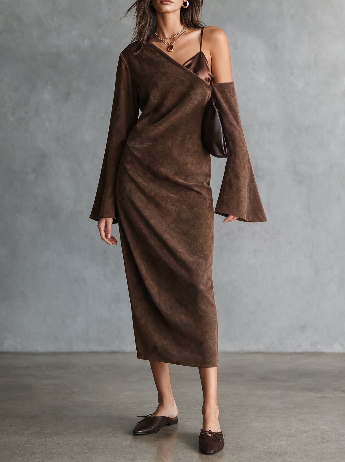 Brown Suede Dress With Draped Silhouette Brown Suede Dress With Draped Silhouette — Classy Suede Dress