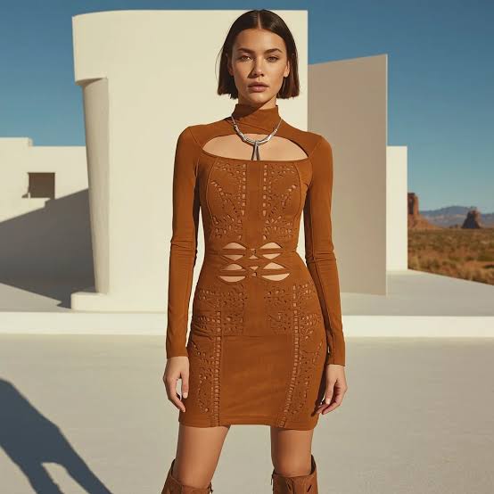 Brown Suede Mini Dress With Laser-Cut Details Brown Suede Mini Dress With Laser-Cut Details — Classy Suede Dress