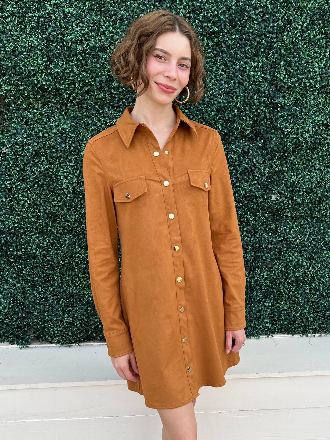 Tan Suede Shirt Dress With Chest Pockets Tan Suede Shirt Dress With Chest Pockets — Classy Suede Dress