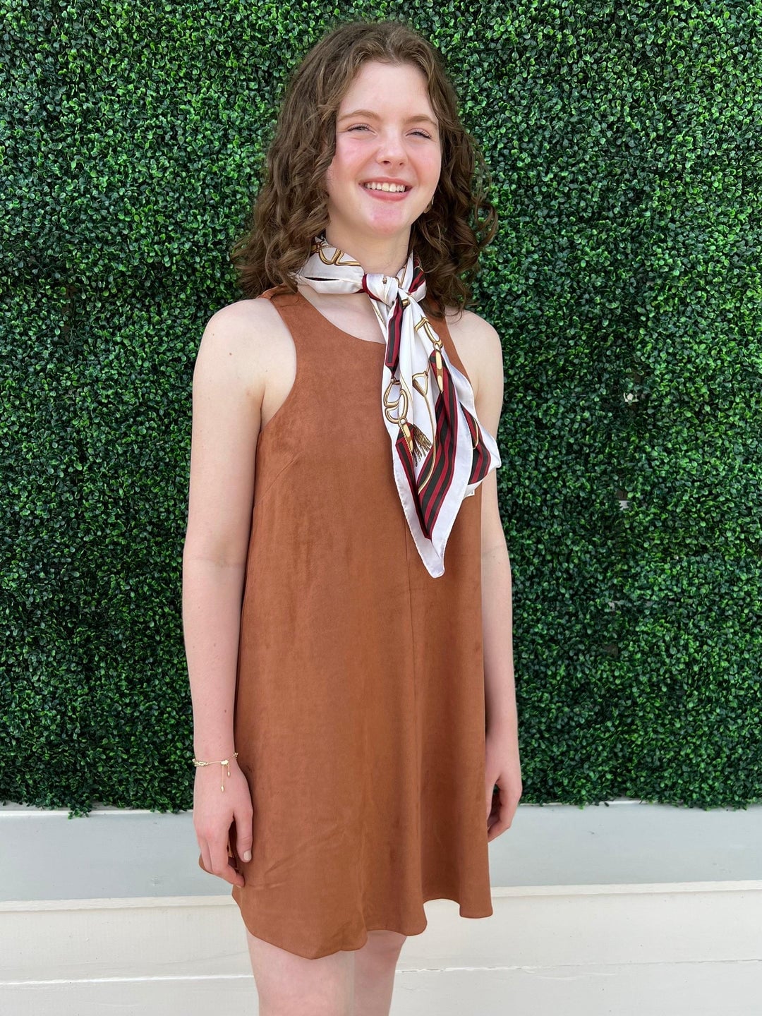 Brown Faux Suede A-Line Dress With Printed Scarf Brown Faux Suede A-Line Dress With Printed Scarf — Classy Suede Dress