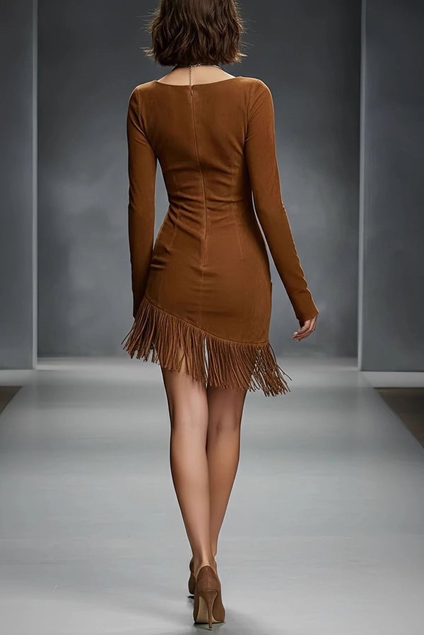 Brown Suede Mini Dress With Round Neck And Fringe Brown Suede Mini Dress With Round Neck And Fringe — Classy Suede Dress
