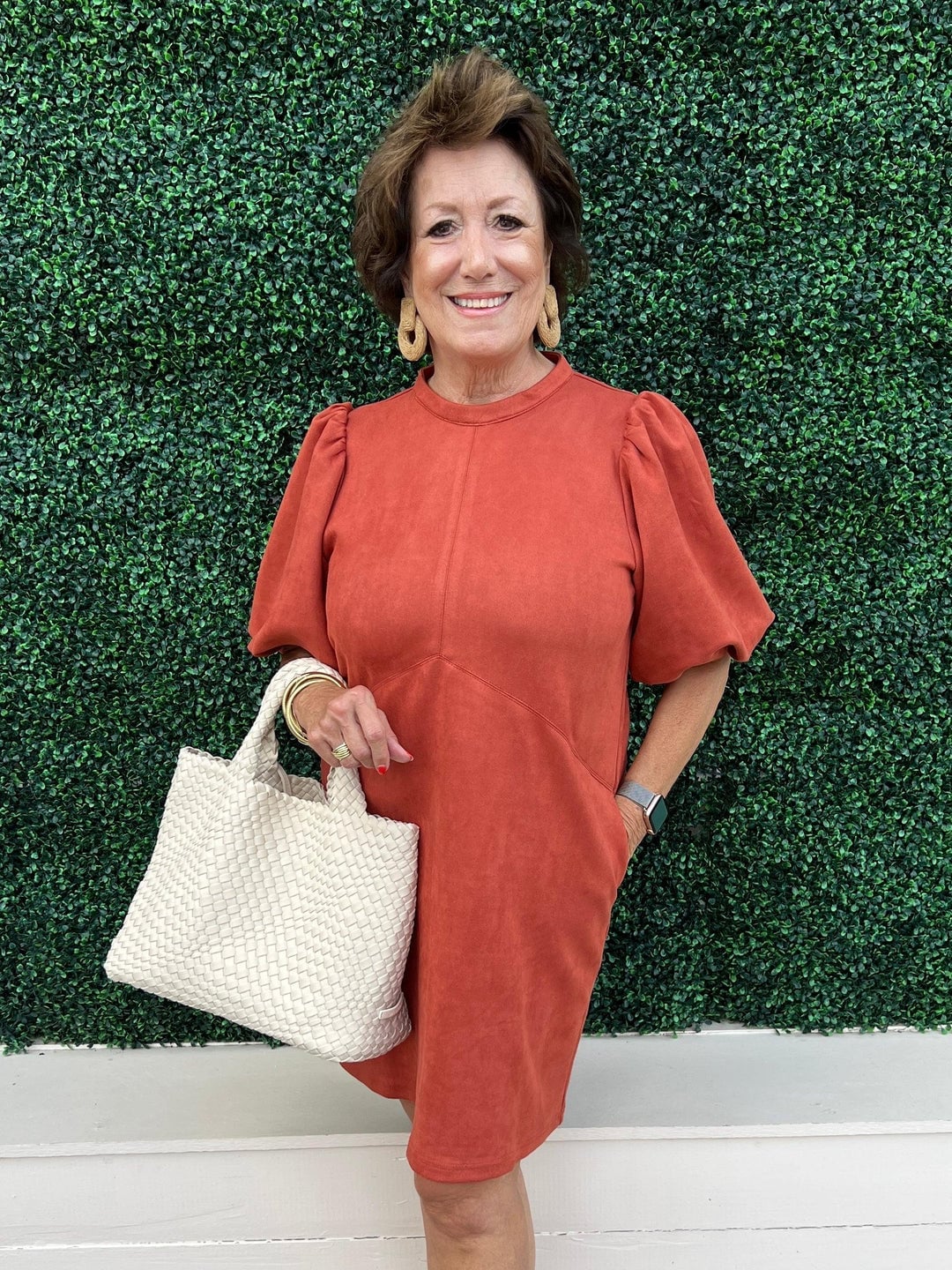 Burnt Orange Faux Suede Dress With Puff Sleeves Burnt Orange Faux Suede Dress With Puff Sleeves — Classy Suede Dress