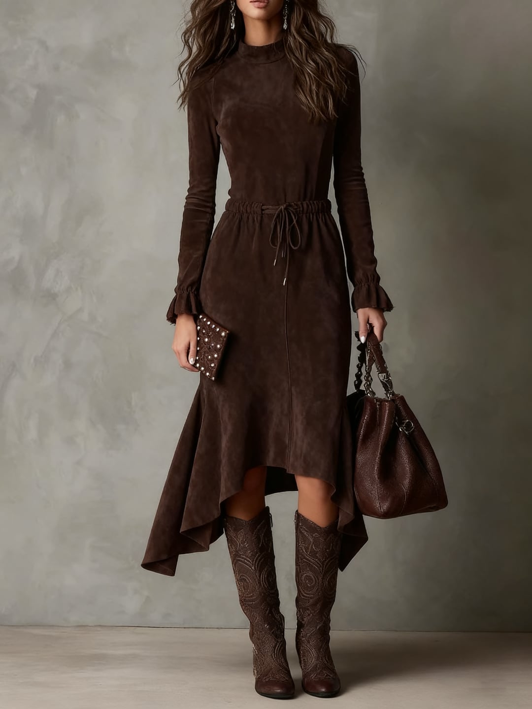 Brown Suede Fit-and-Flare Midi Dress Brown Suede Fit-and-Flare Midi Dress — Classy Suede Dress