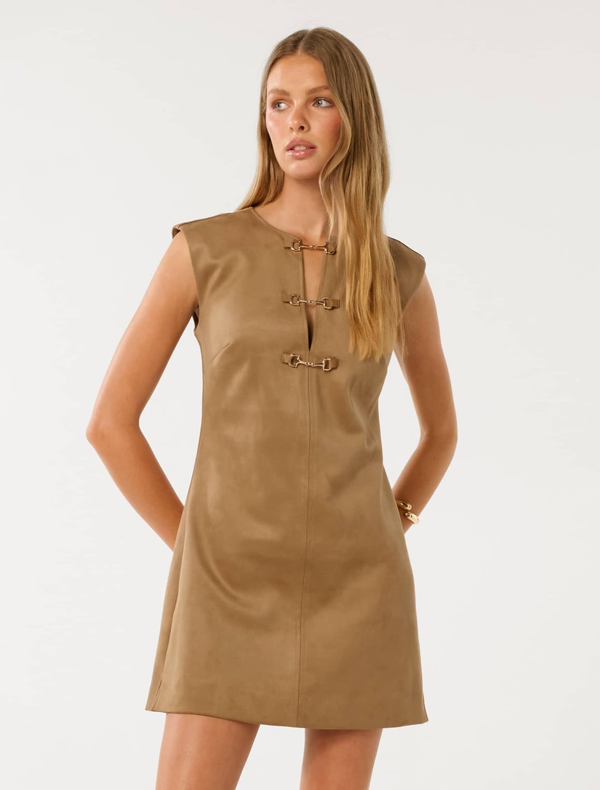 Tan Faux Suede Sleeveless Mini Dress With Snaffle Detail Tan Faux Suede Sleeveless Mini Dress With Snaffle Detail — Classy Suede Dress