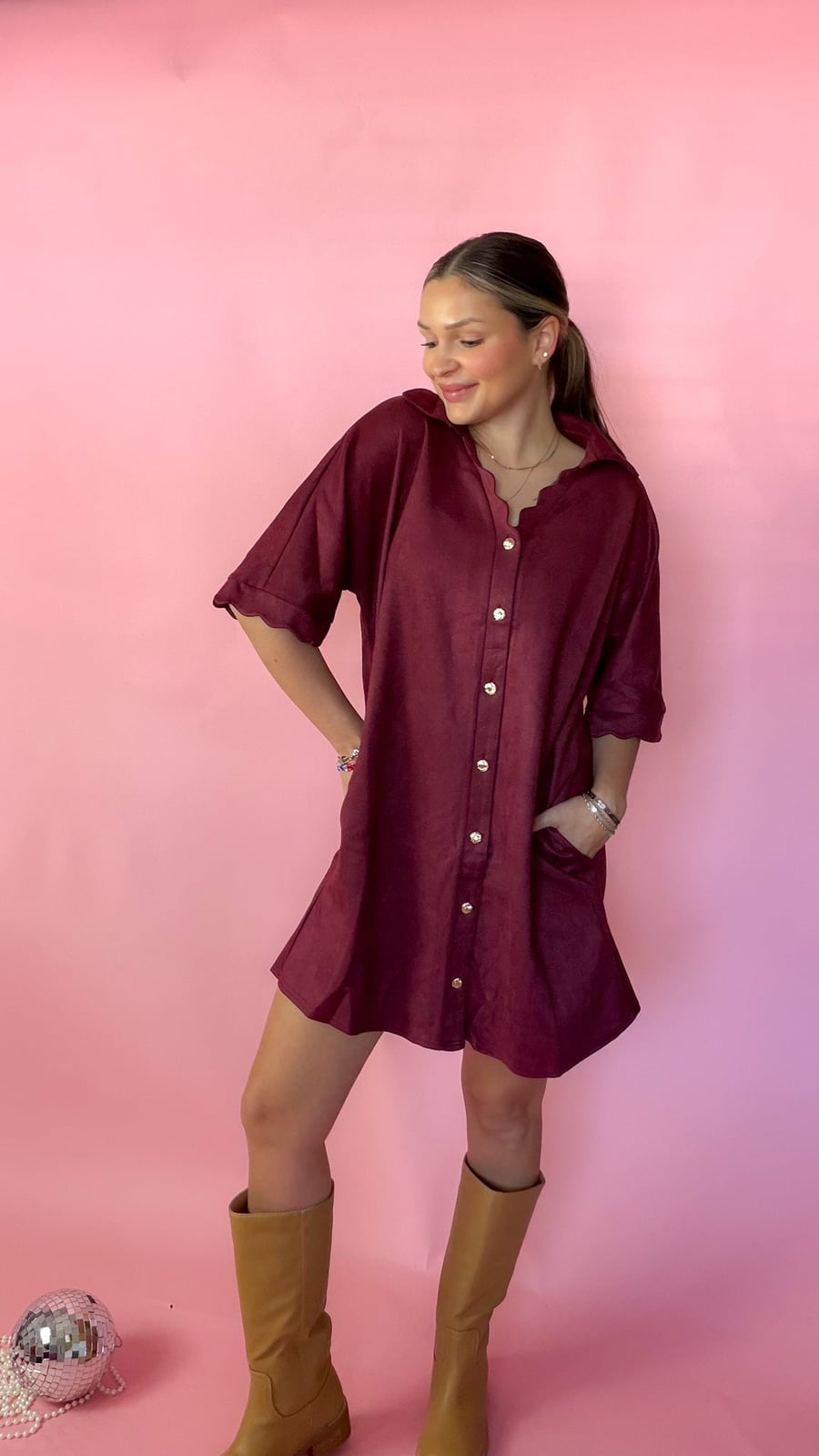 Burgundy Suede Button-Up Dress With Scalloped Hem Burgundy Suede Button-Up Dress With Scalloped Hem — Classy Suede Dress
