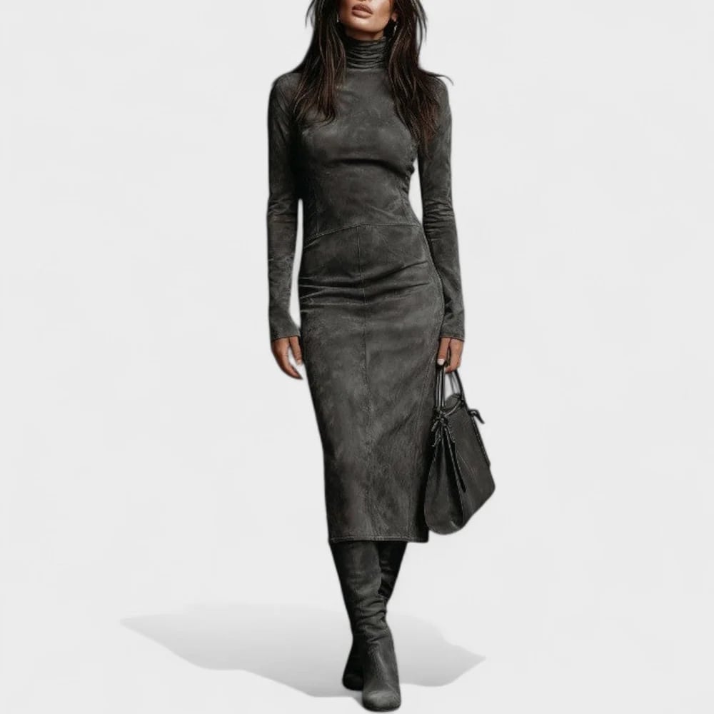 Monochromatic Gray Suede Turtleneck Midi Dress Monochromatic Gray Suede Turtleneck Midi Dress — Classy Suede Dress